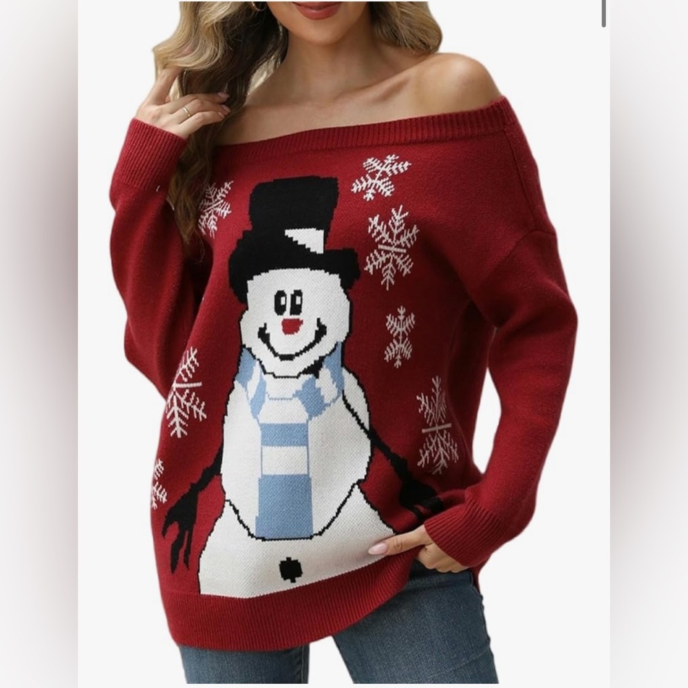 NEW Red Wine Christmas Holiday Oversized Snowman Off The Shoulder Sweater M